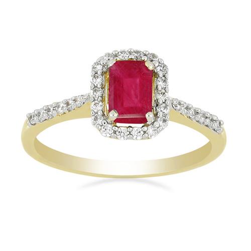 BUY 14K GOLD NATURAL GLASS FILLED RUBY GEMSTONE WHITE DIAMOND HALO RING